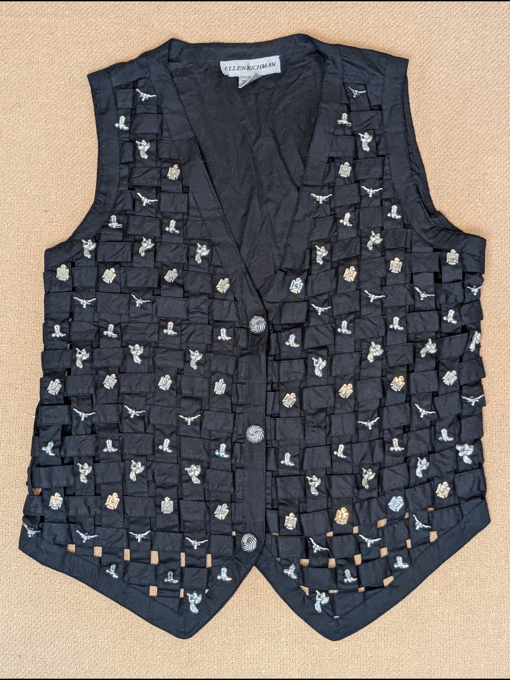 Vintage Ellen Richman Lattice Woven Cotton Vest Black Silver Tone Embellished